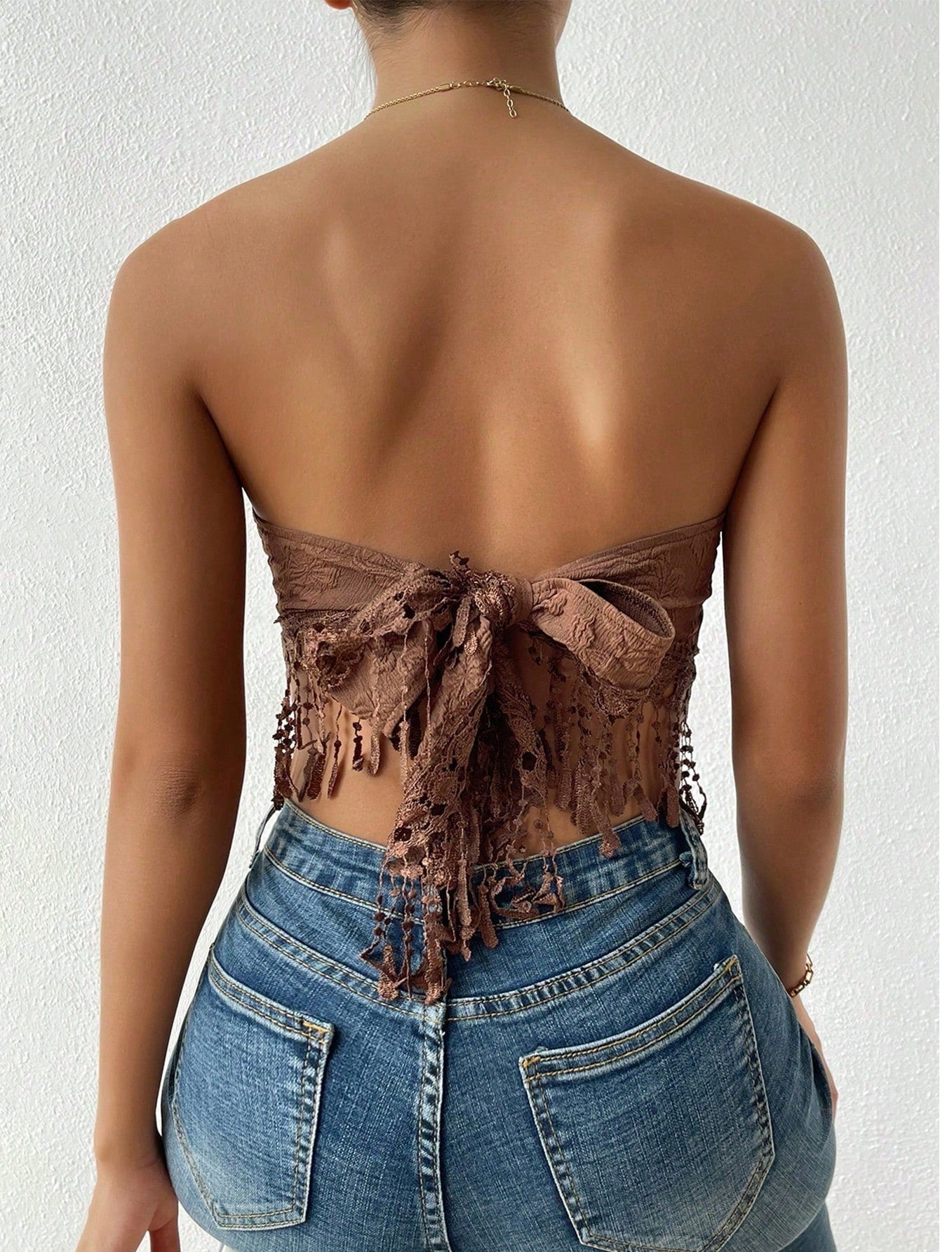 Jacquard Guipure Lace Fringe Hem Tie Back Crop Tube Top