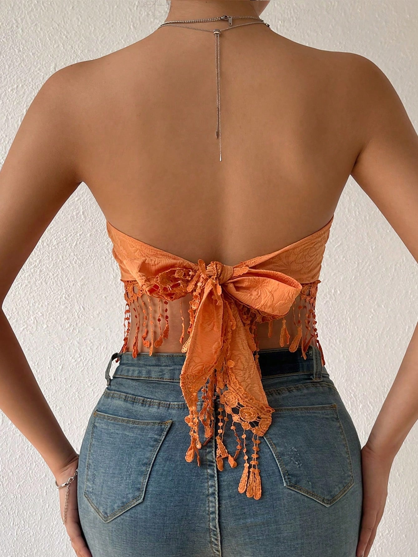 Jacquard Guipure Lace Fringe Hem Tie Back Crop Tube Top