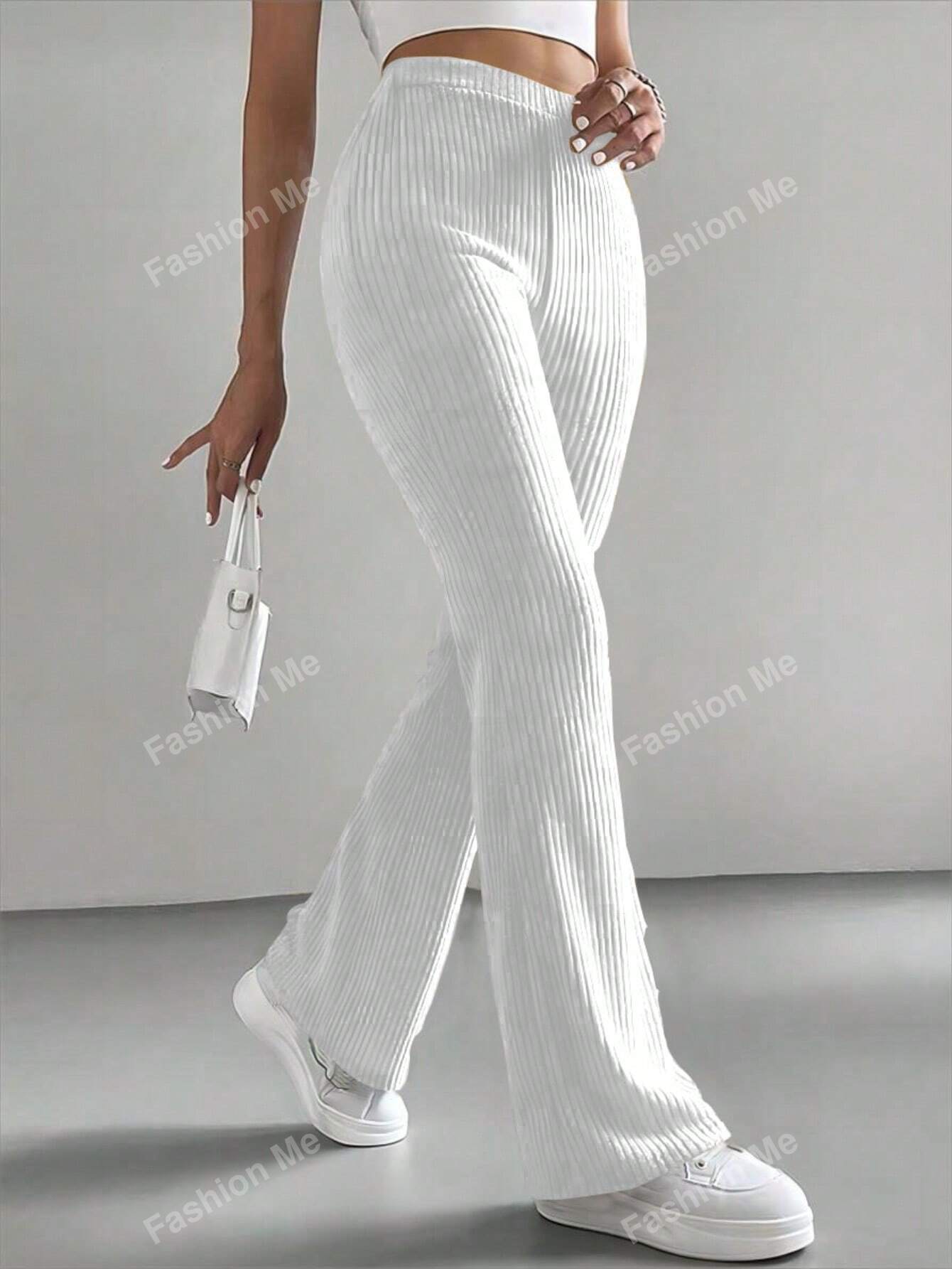 Solid Color Ribbed Knitted Casual Simple Long Pants