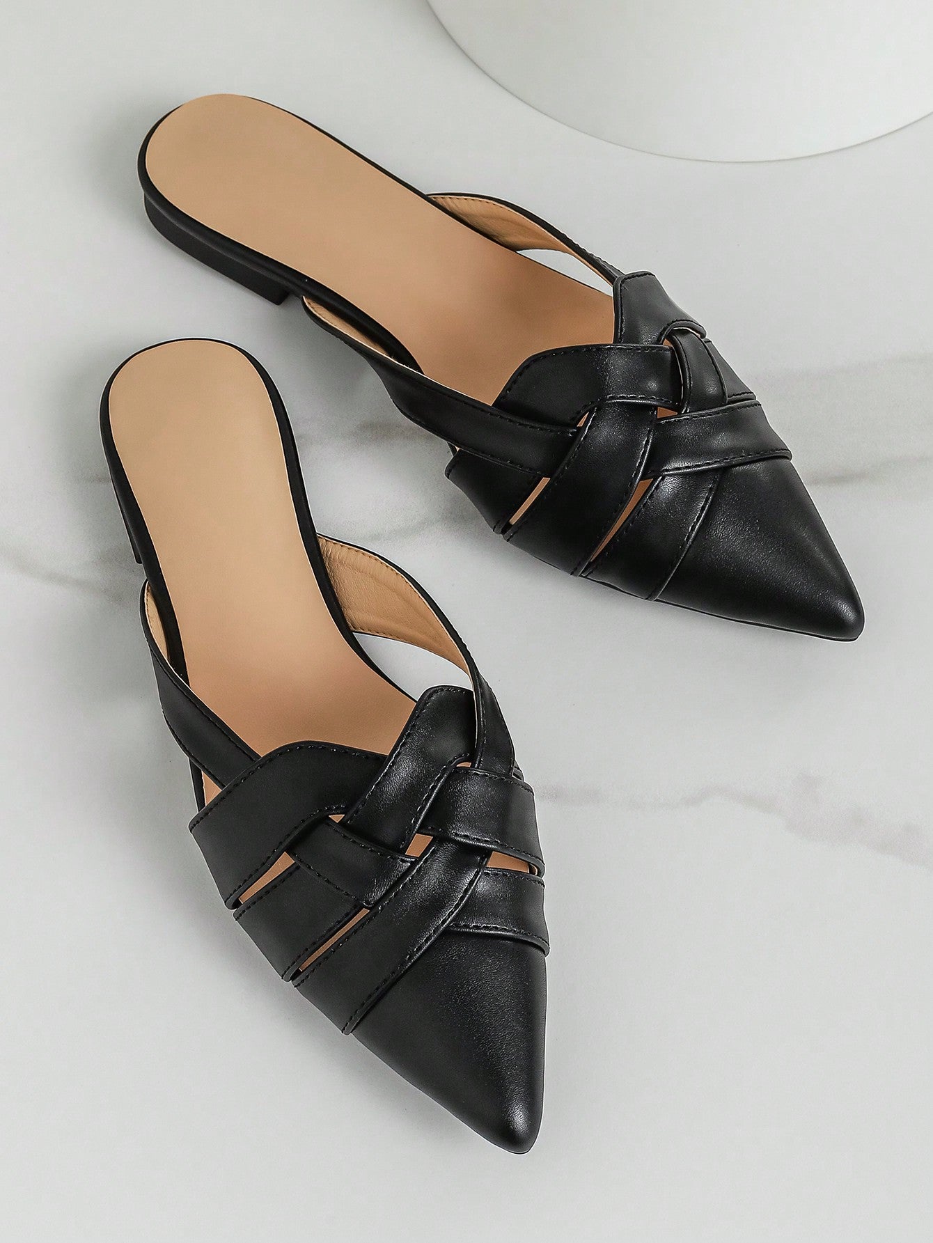 Cross Strap Point Toe Flat Mules