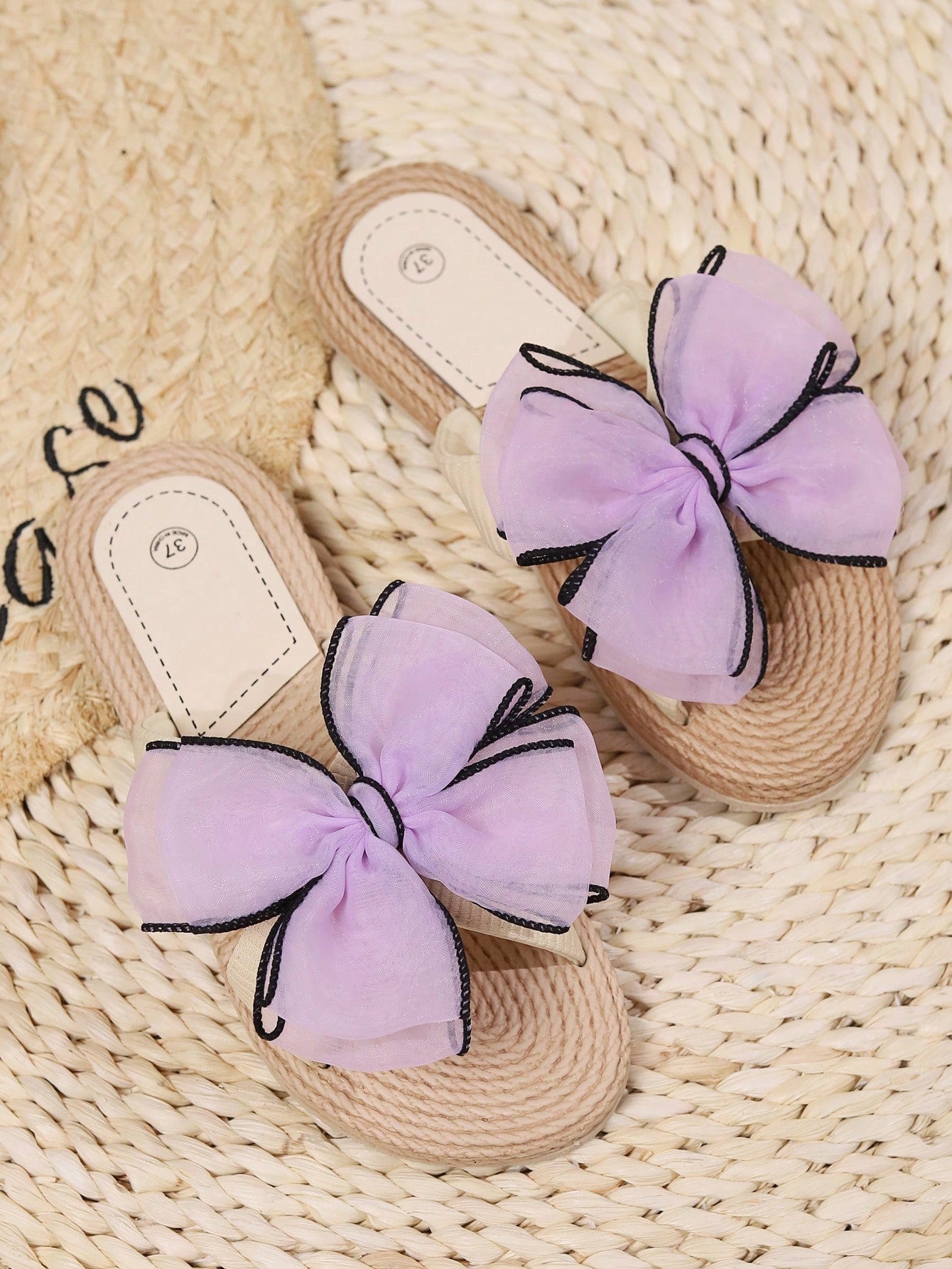 Preppy Outdoors Flat Slippers for Women, Bow Decor Polyester Open Toe Slide Sandals