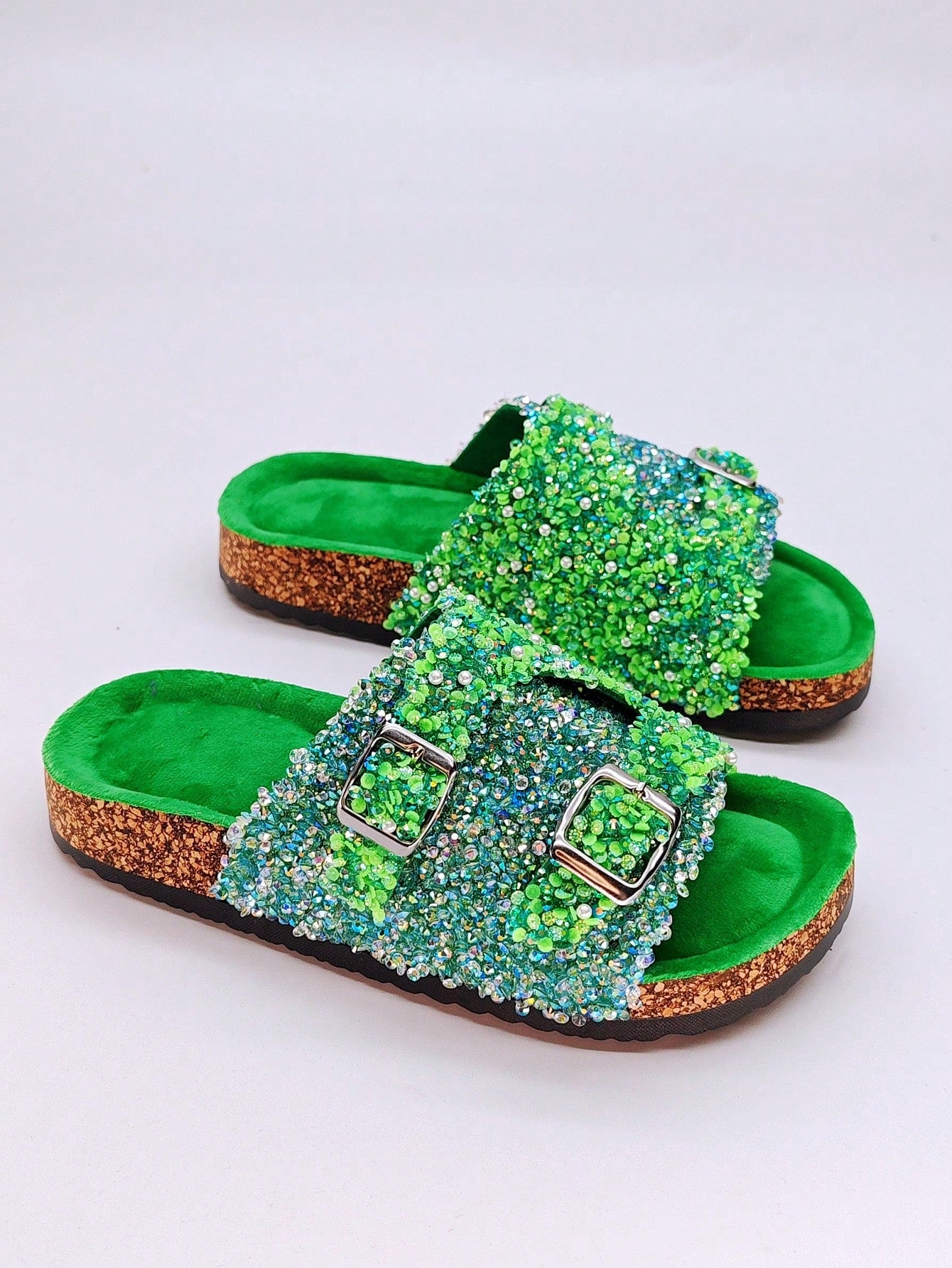 New Black Glass Rhinestone Glitter Flat Slipper Fluffy Wedge Sandals Women's Slip-On Beach Slides