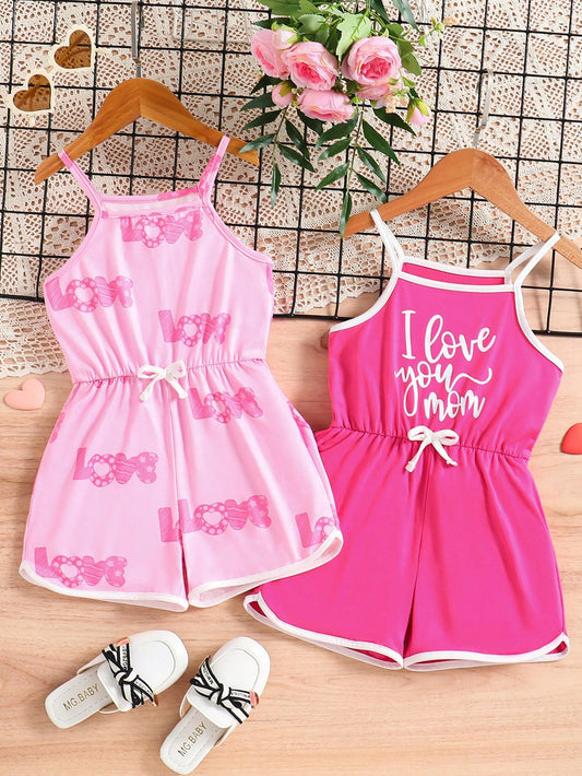 2pcs/Set Young Girl Heart And Letter Pattern Bowknot Strap Romper For Summer Vacation