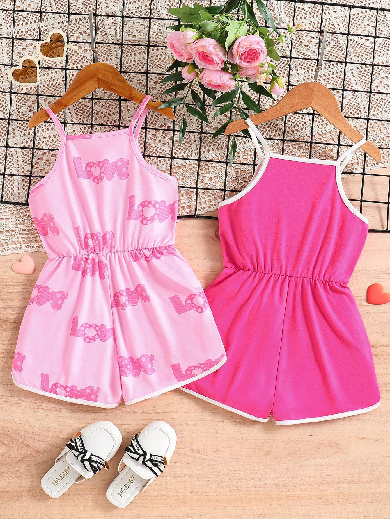 2pcs/Set Young Girl Heart And Letter Pattern Bowknot Strap Romper For Summer Vacation