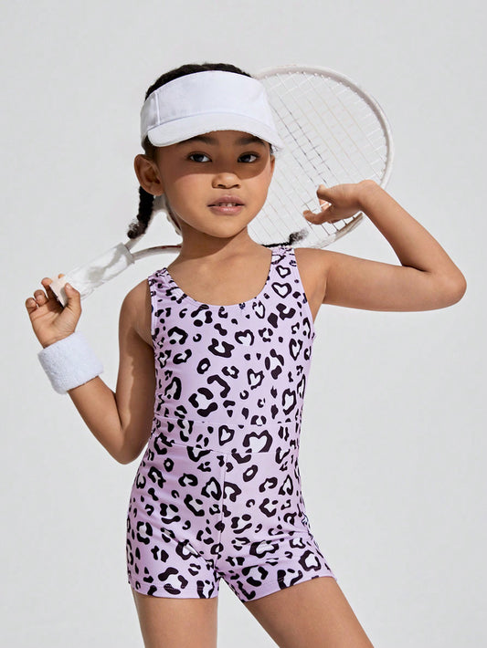 Young Girl Casual Fashionable Leopard Print Jumpsuit Sportswear For Spring And Summer