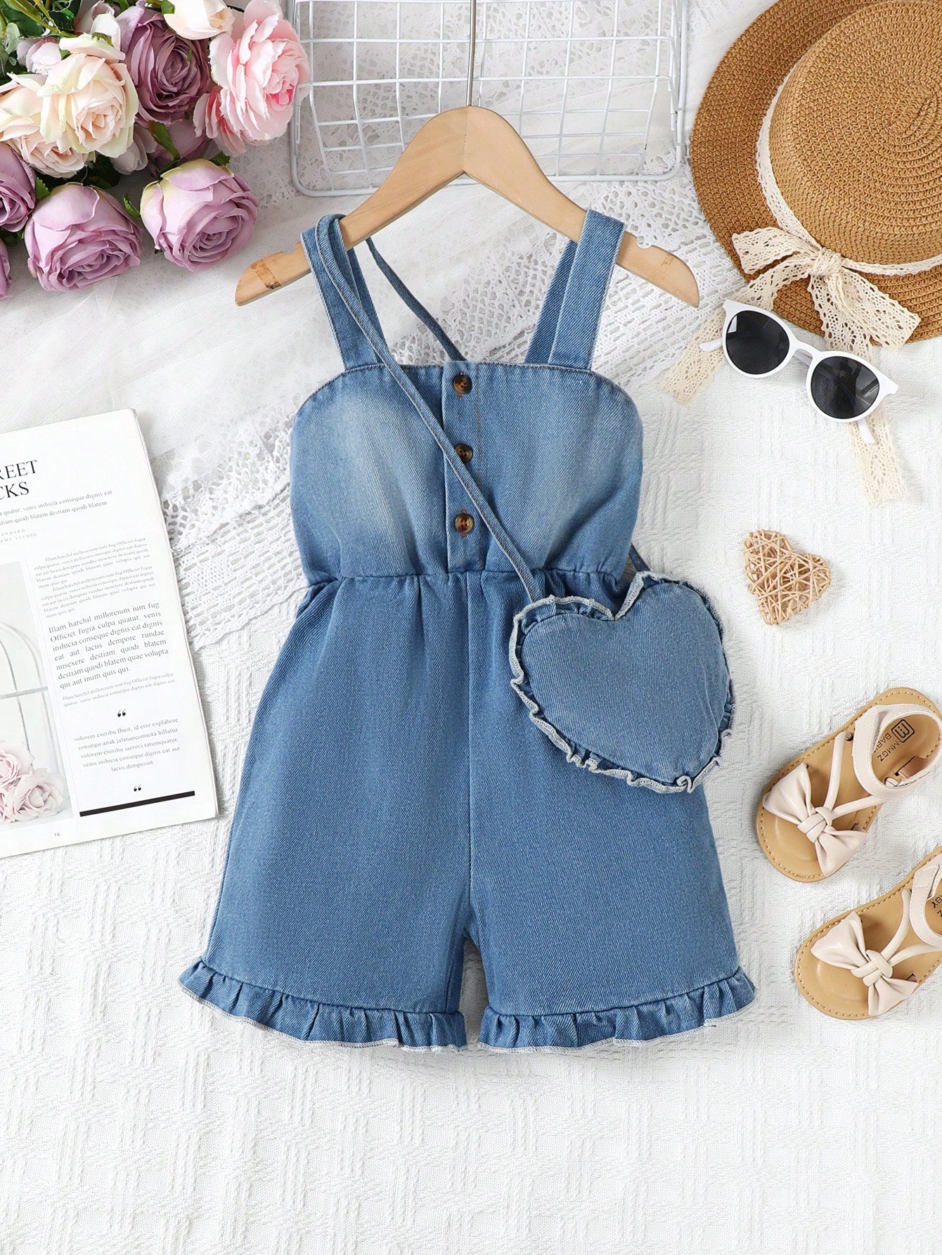 Young Girl Casual Comfortable Denim Overalls Romper With Suspenders And Bag