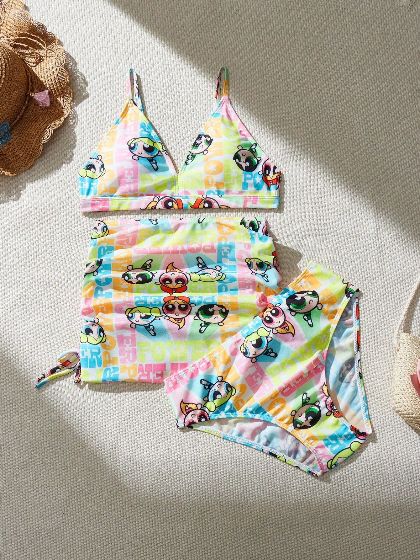 Tween Girl 3pcs Colorful Cute Cartoon & Letter Printed Drawstring Ruched Bikini Set Summer Beach