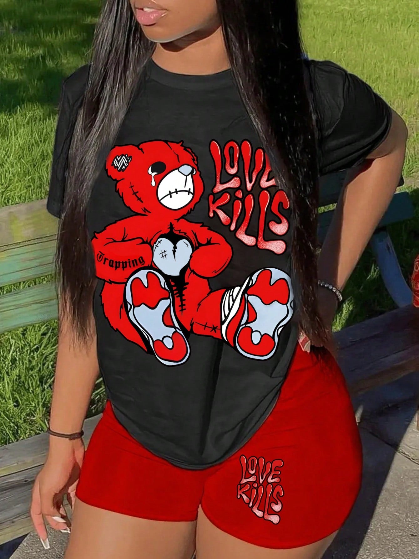 Plus Size Women Fashionable 2pcs/Set Short Sleeve T-Shirt And Shorts With Little Bear Print