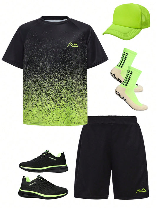 Tween Boys' Matching Short Sleeve T-Shirt And Shorts Set With Gradient Athletic Design