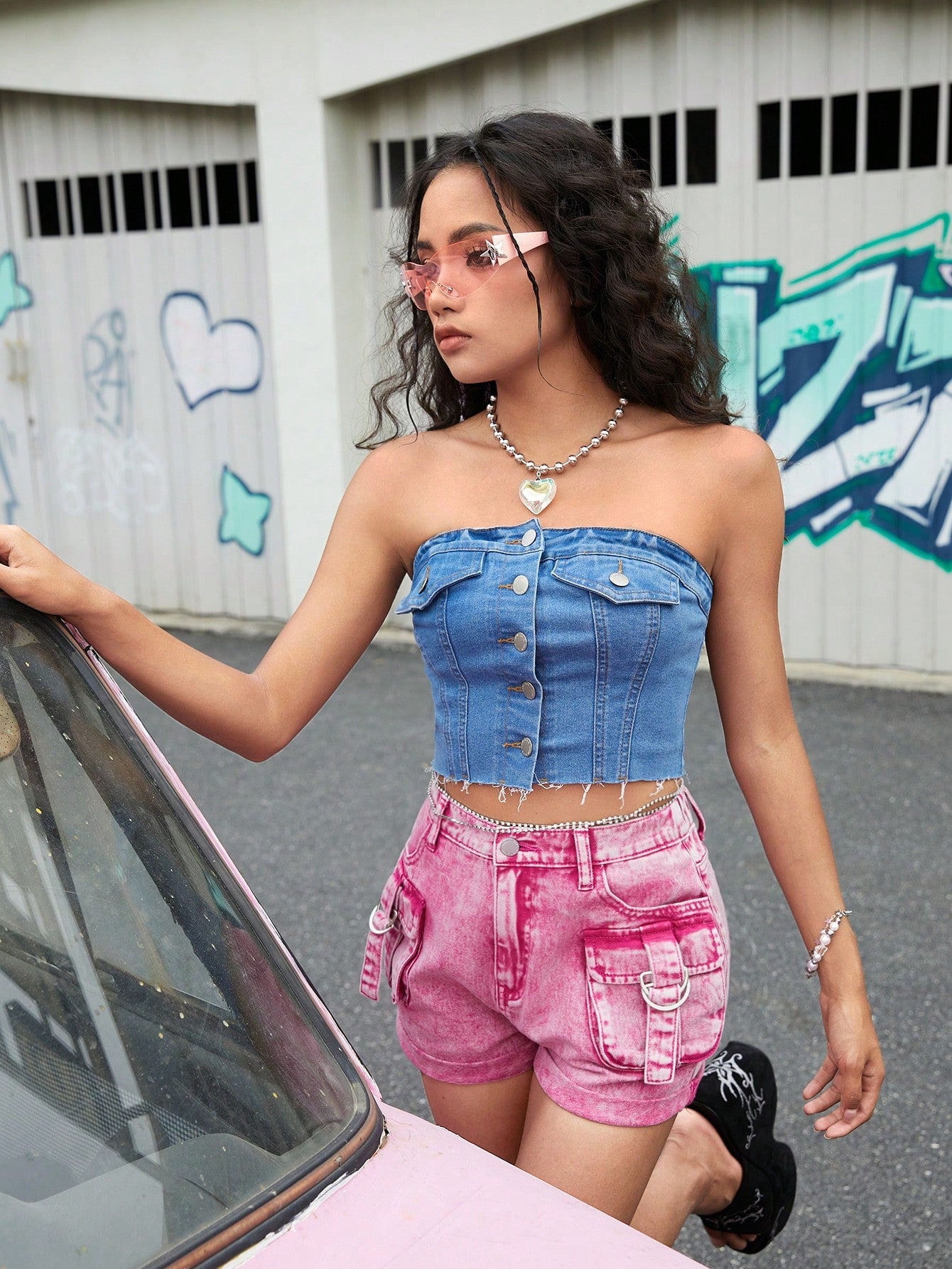 Teen Girl Blue Denim Strapless Elastic Fashionable Casual Top