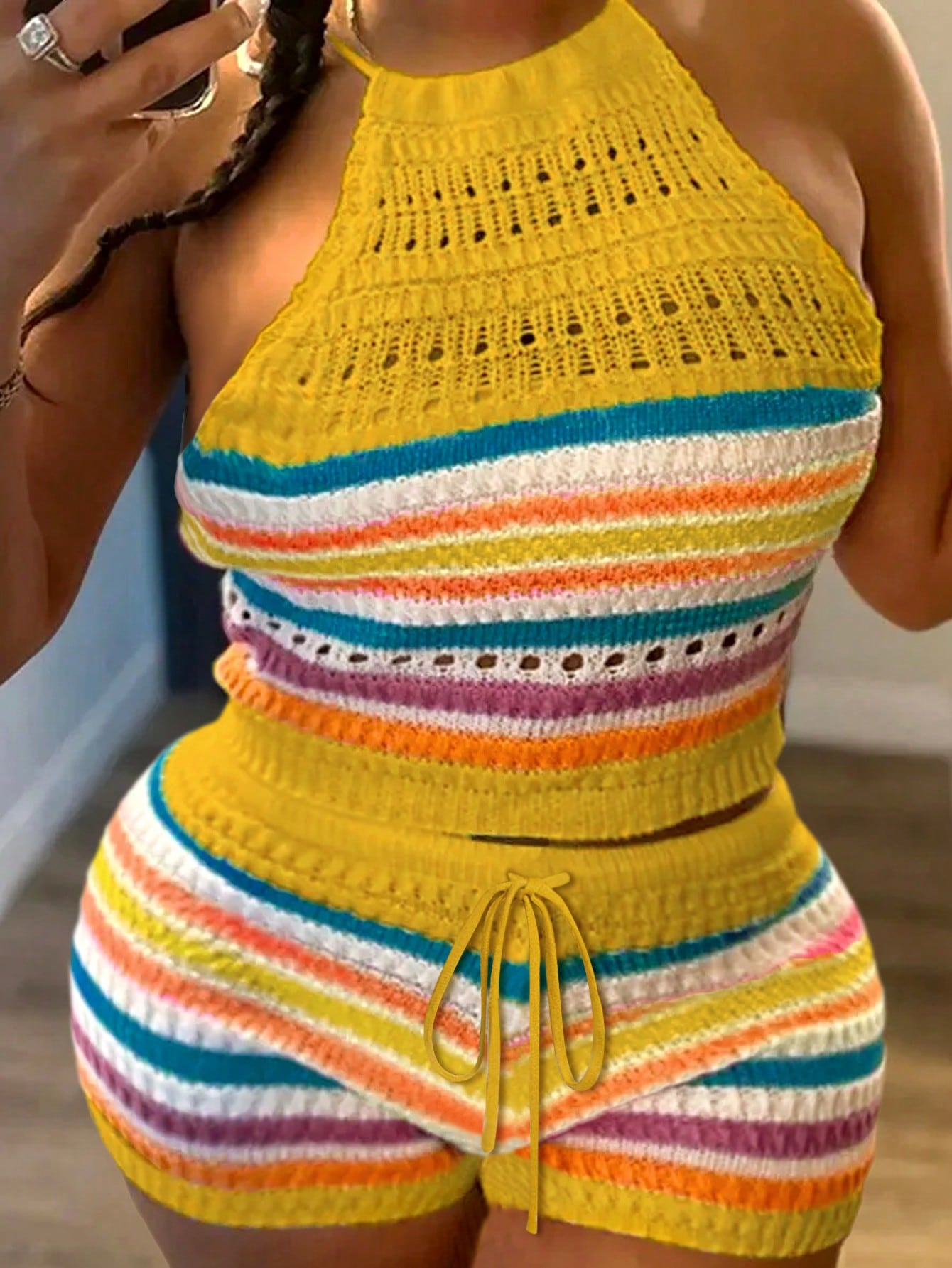 Plus Size Holiday Leisure Slim Fit Sleeveless Tube Top Rainbow Striped Women's Shorts Knitted Set With Neck Tie And Waist Tie, For Pride Month