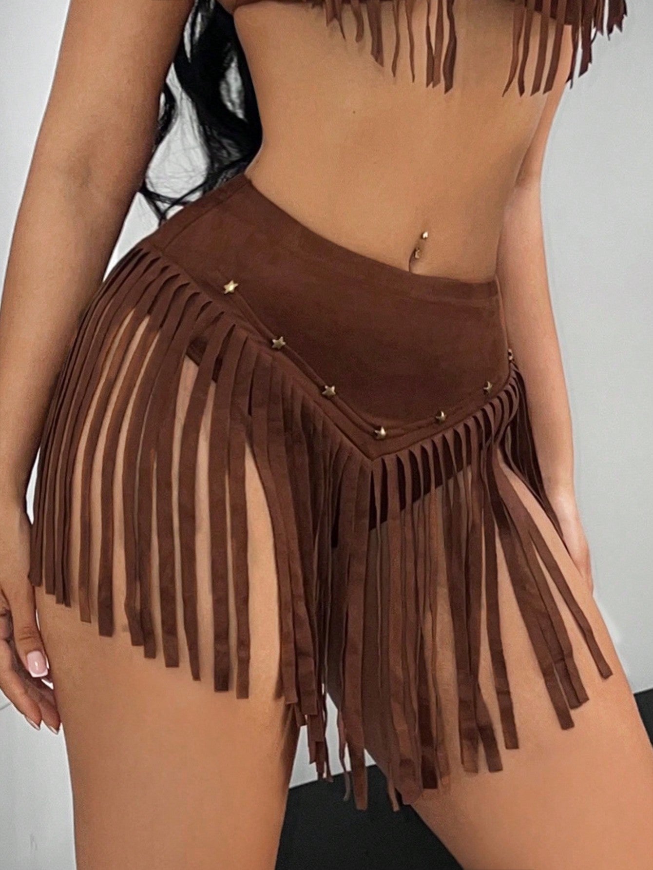 Women Western Music Festival Chamois Low Rise Rivet Tassel Mini Skirt