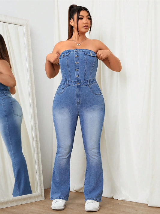 Solid Color Simple Daily Plus Size Denim Jumpsuit