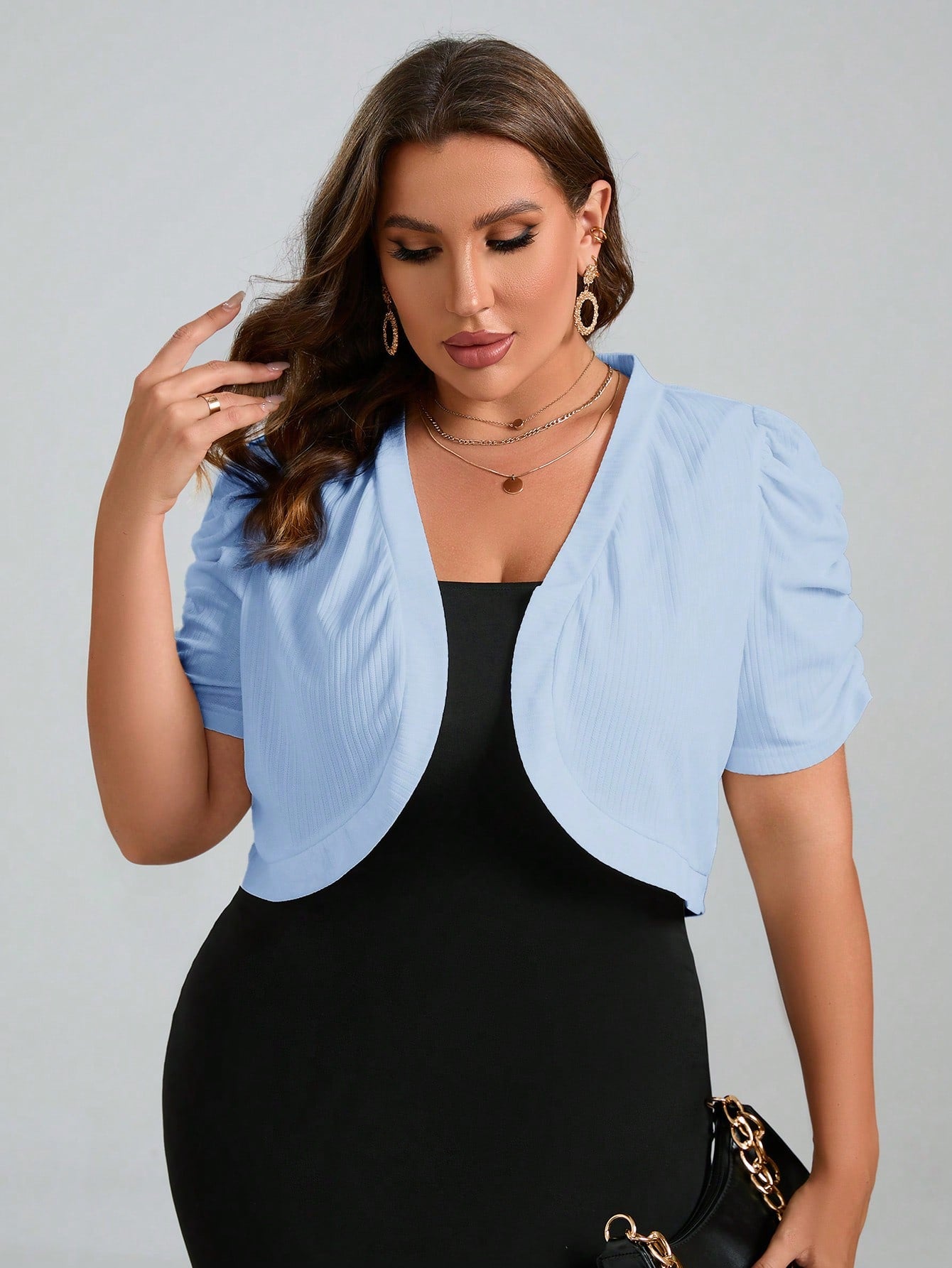 Plus Size Puff Sleeve Open Front Crop Jacket