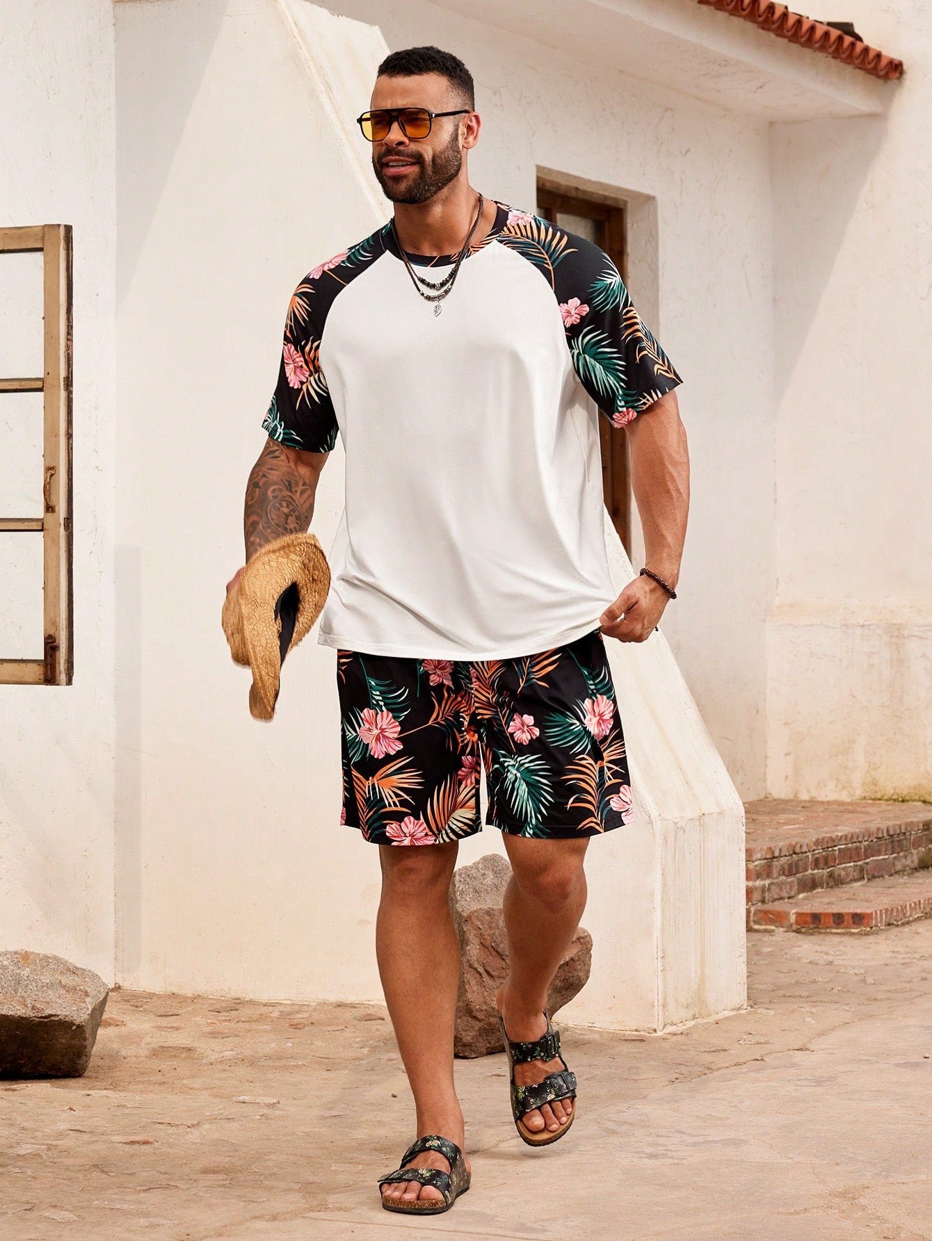 Men Plus Size Printed Patchwork Casual Beach Vacation Spring Summer Short Sleeve T-Shirt And Loose Shorts Set