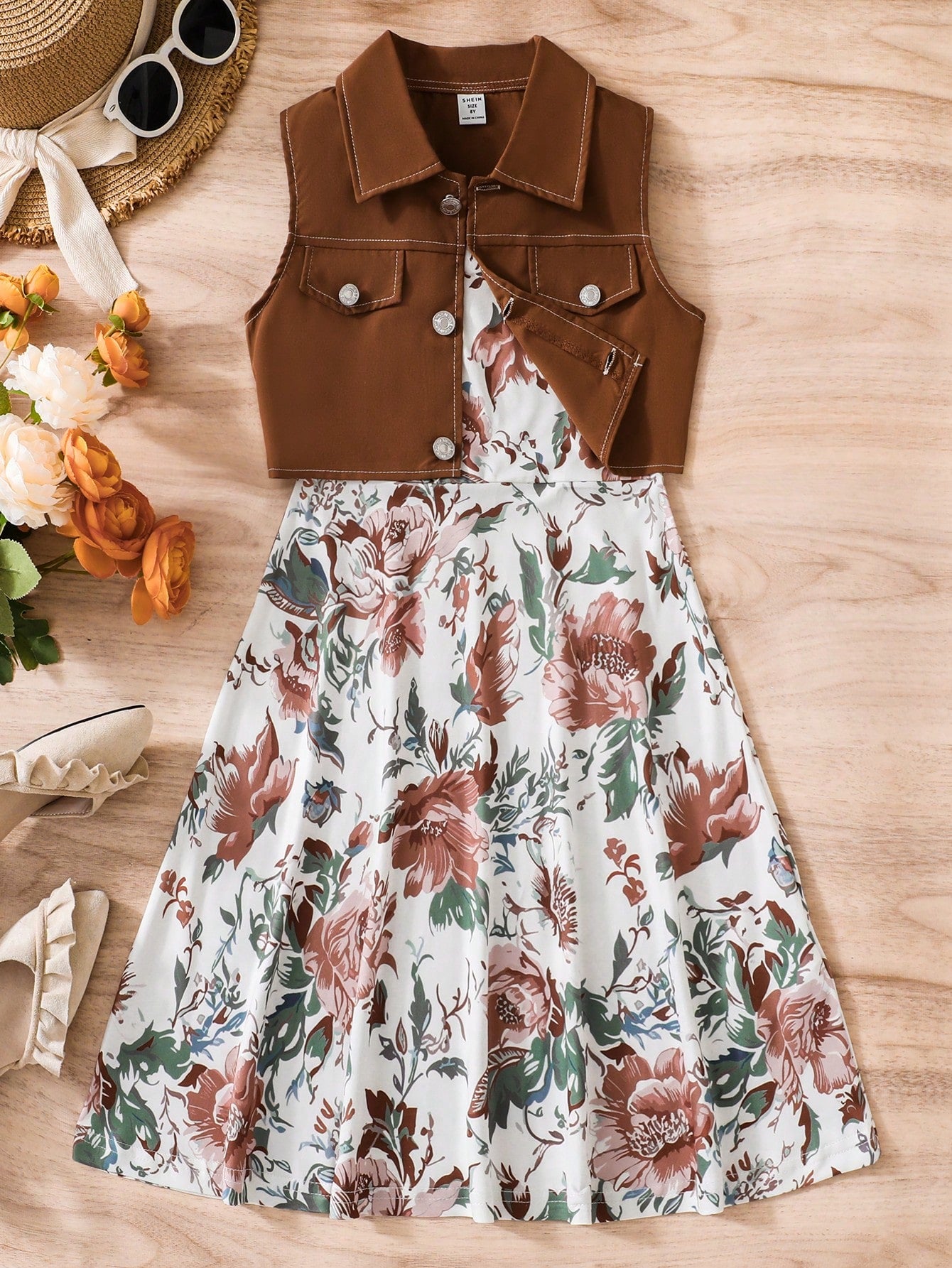 Tween Girl Casual Elegant Cute Vest Jacket And Flower Printed Slip Dress Two Piece Set