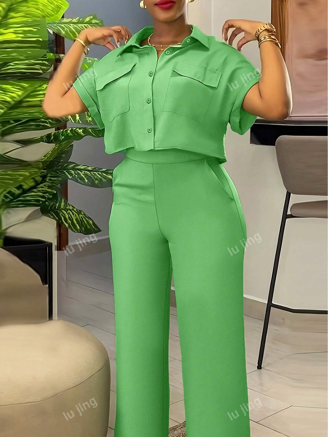 Summer Casual Workwear Short-Sleeved Shirt And Long Pants Two-Piece Set