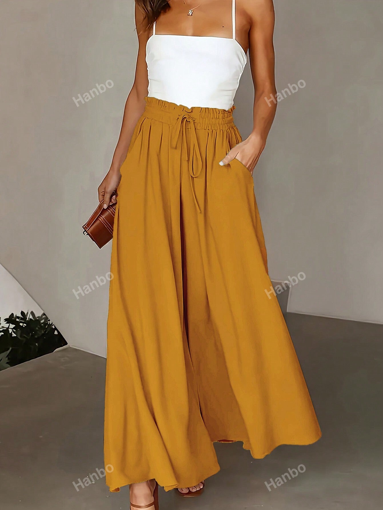 Paperbag Waist Slant Pocket Wide Leg Pants