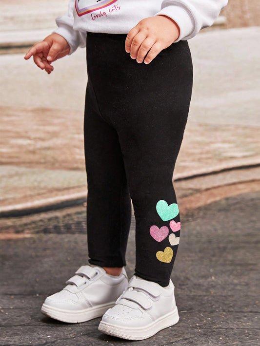 Young Girl Casual And Simple Heart Patterned Long Leggings Suitable For Summer