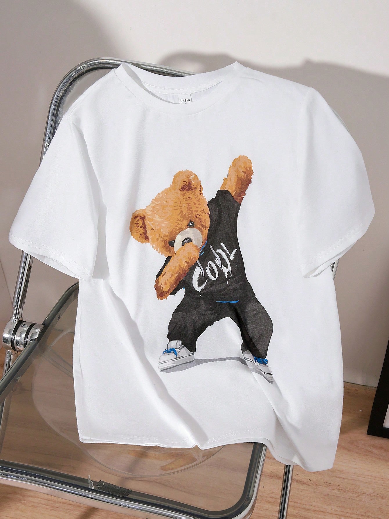 Tween Boys Extended Size Casual Loose Fit Cartoon Bear Print Short Sleeve Knit Pullover T-Shirt With Round Collar