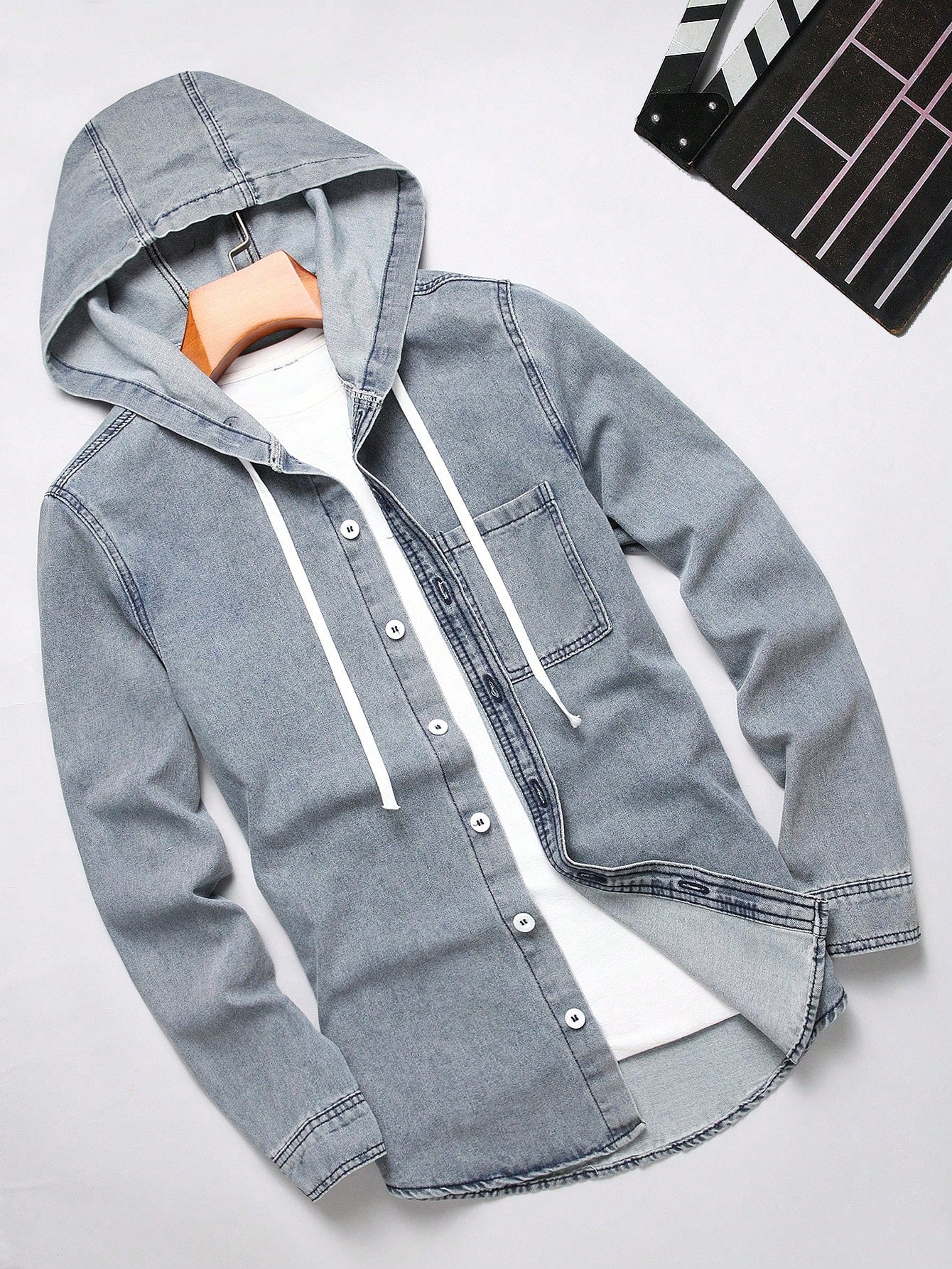 Casual Men Hooded Denim Shirt For Daily Wear And Easy Matching Oversize Long Sleeve Jean Button Up Cotton Plain Light Grey Shirt, Going Out