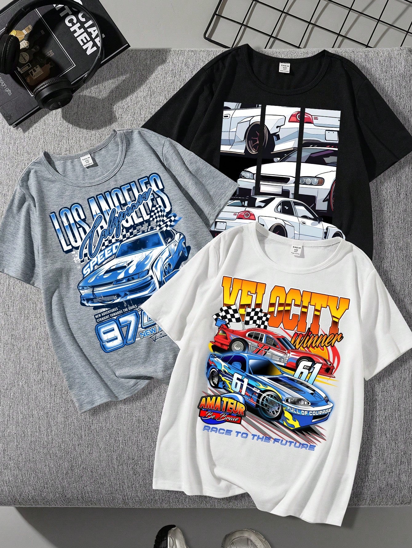 Racing Club & Tween Boys' Casual Simple Style Car Pattern Round Neck Short Sleeve 3-Piece T-Shirt Set, Suitable For Summer