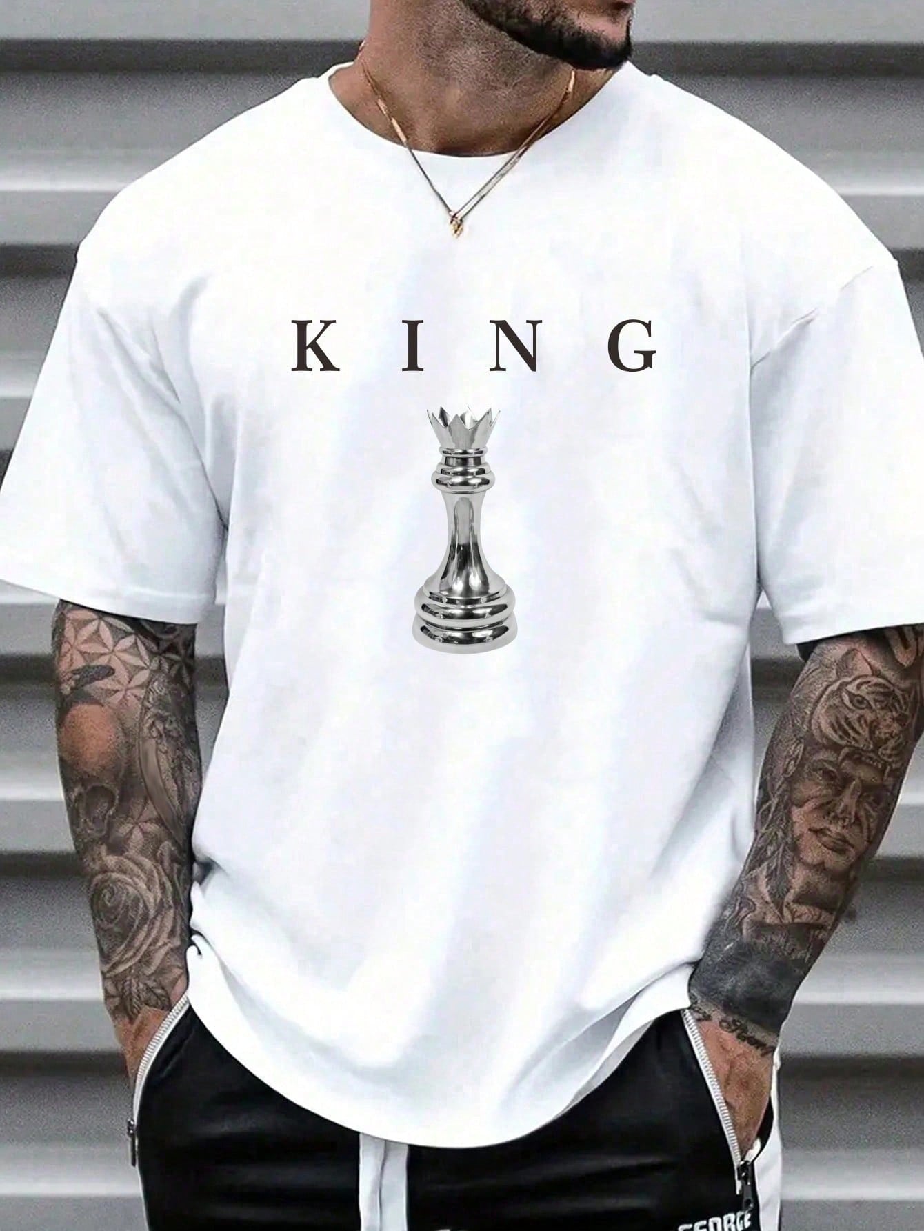 Plus Size Printed Short Sleeve T-Shirt With Letter And Chessboard Print, Round Neck Casual Daily Wear, Spring/Summer