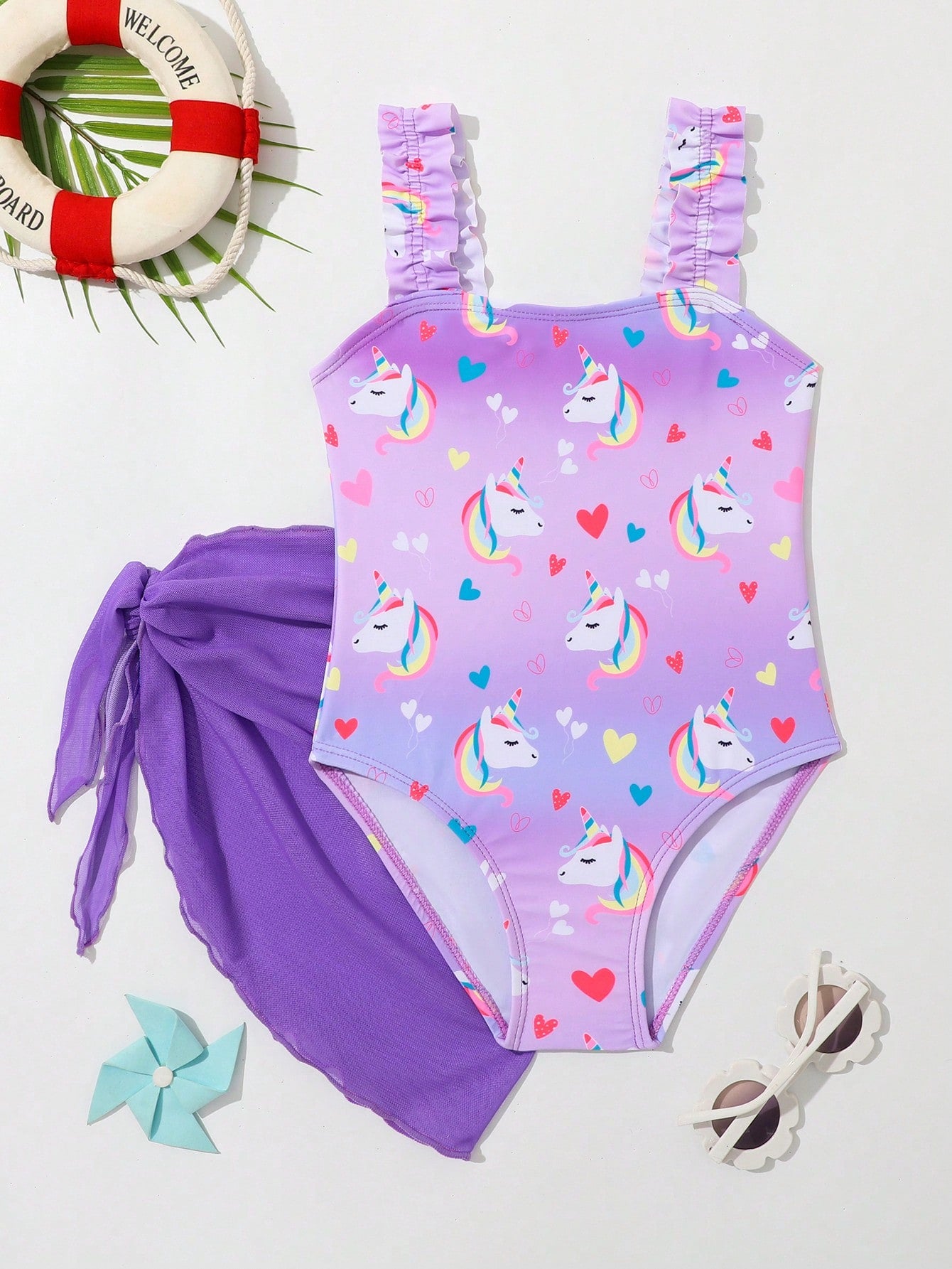 Young Girl Unicorn Printed One Piece Swimsuit With Strap And Matching Cover-Up