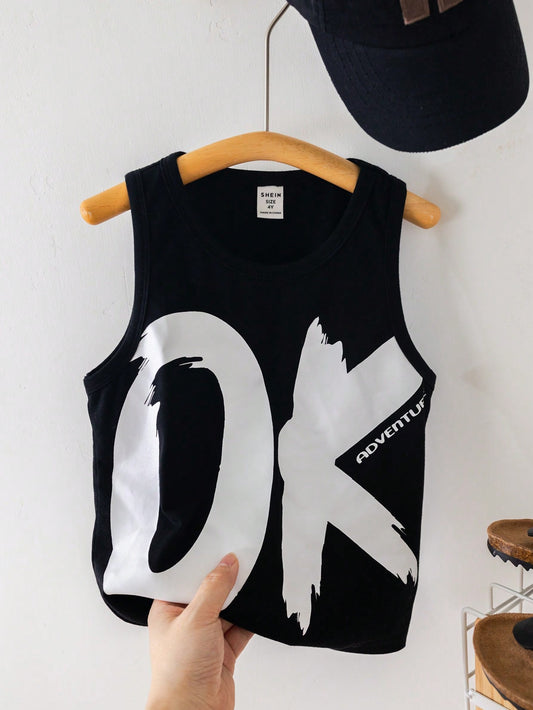 Young Boy 1pc Leisure Loose Letter Graphic Tank Top Suitable For Daily Wear, School, Travel, Exercise In Spring And Summer