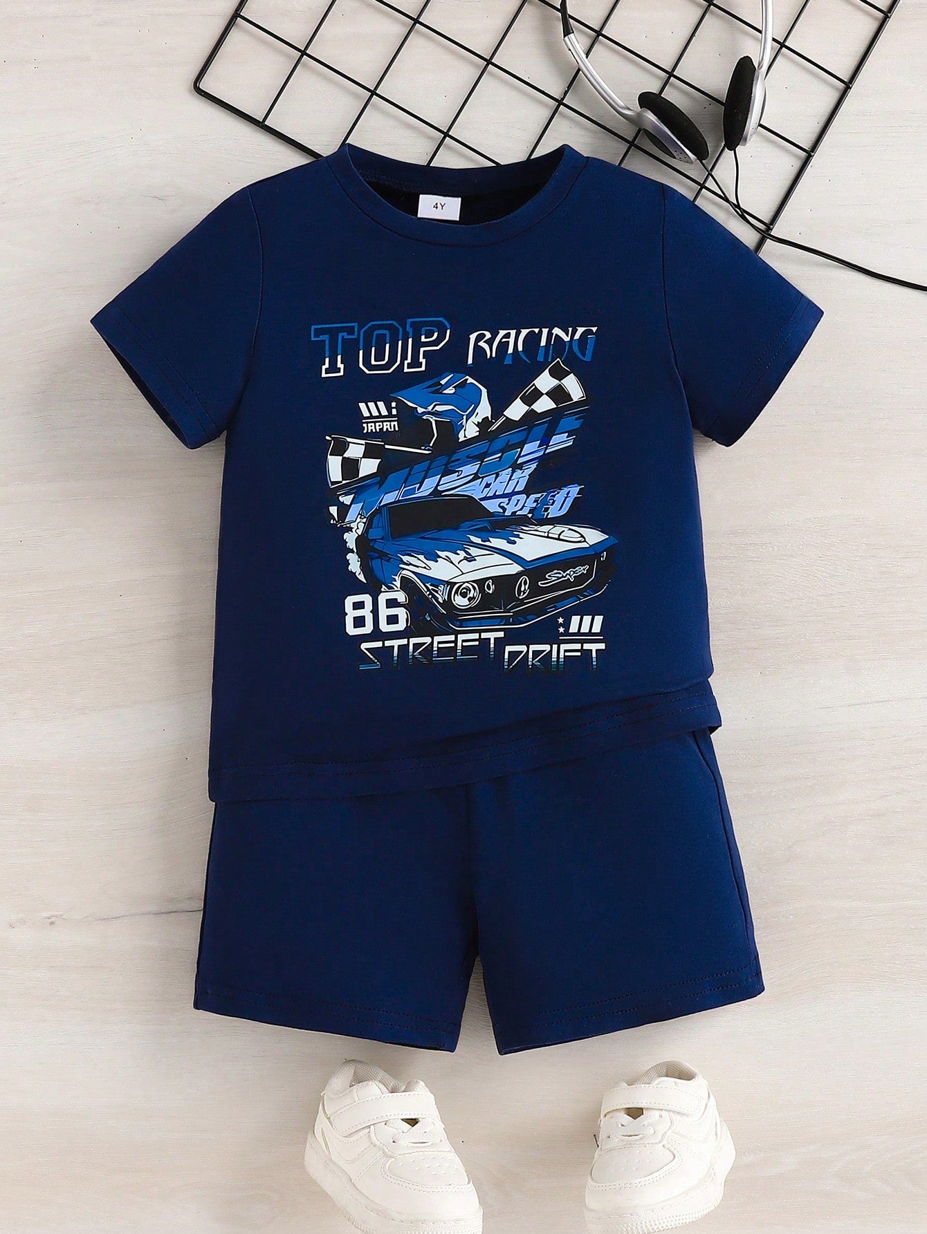 Young Boy Leisure Slogan Graphic Tee & Shorts For Summer