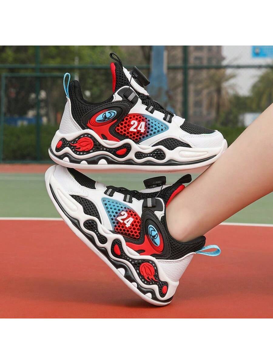 Children Basketball Shoes Spring Mesh Youth Rotating Buckle Breathable Anti-Slip Boys Sports Shoes