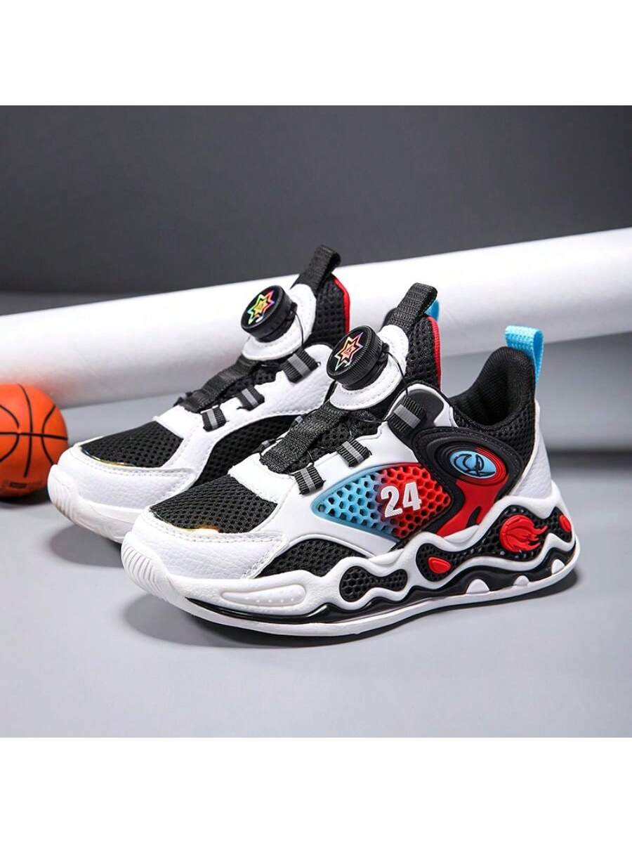 Children Basketball Shoes Spring Mesh Youth Rotating Buckle Breathable Anti-Slip Boys Sports Shoes