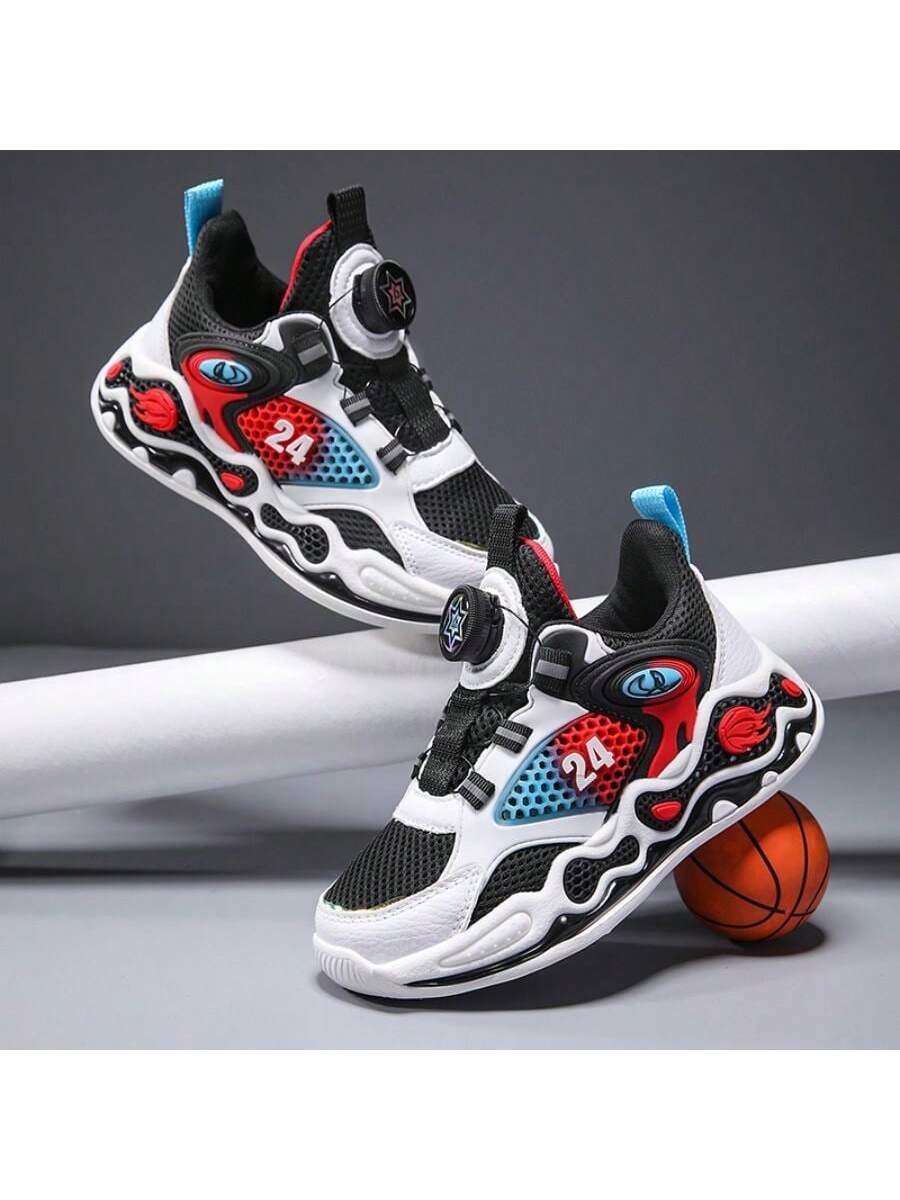 Children Basketball Shoes Spring Mesh Youth Rotating Buckle Breathable Anti-Slip Boys Sports Shoes