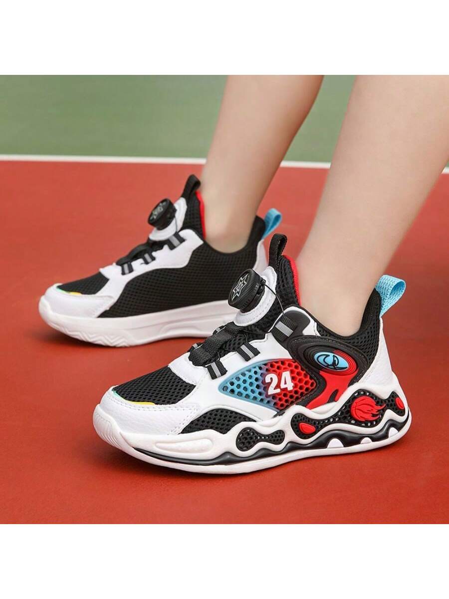 Children Basketball Shoes Spring Mesh Youth Rotating Buckle Breathable Anti-Slip Boys Sports Shoes