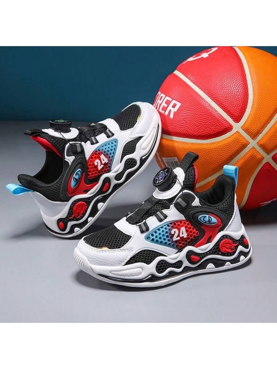 Children Basketball Shoes Spring Mesh Youth Rotating Buckle Breathable Anti-Slip Boys Sports Shoes