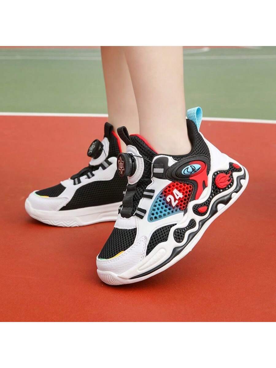 Children Basketball Shoes Spring Mesh Youth Rotating Buckle Breathable Anti-Slip Boys Sports Shoes