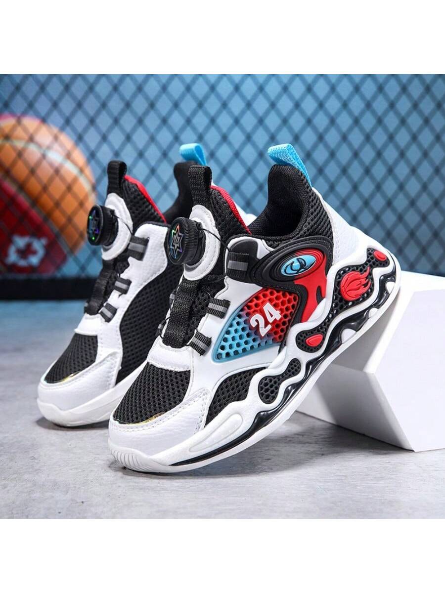 Children Basketball Shoes Spring Mesh Youth Rotating Buckle Breathable Anti-Slip Boys Sports Shoes