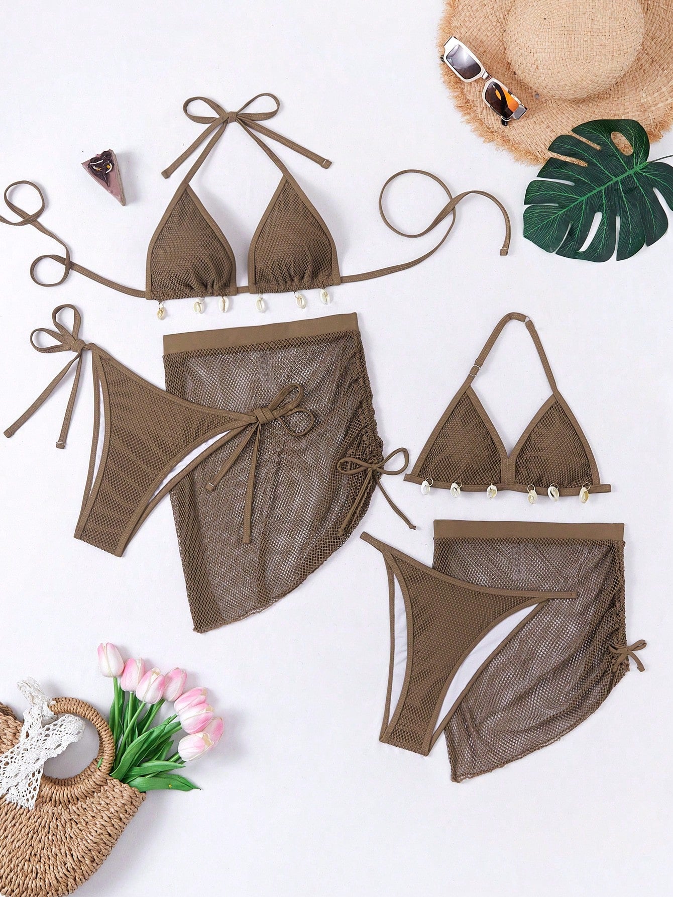 3pcs Tween Girl Bikini Set With Shell Decor, Mesh Cover-Up & Drawstring Design