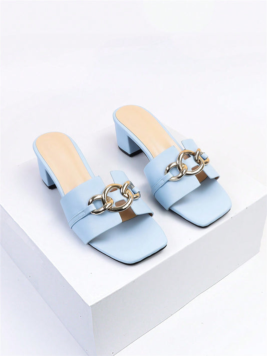 Ladies" Simple Style Metal Decor Slip-On Mules High Heeled Sandals For Summer