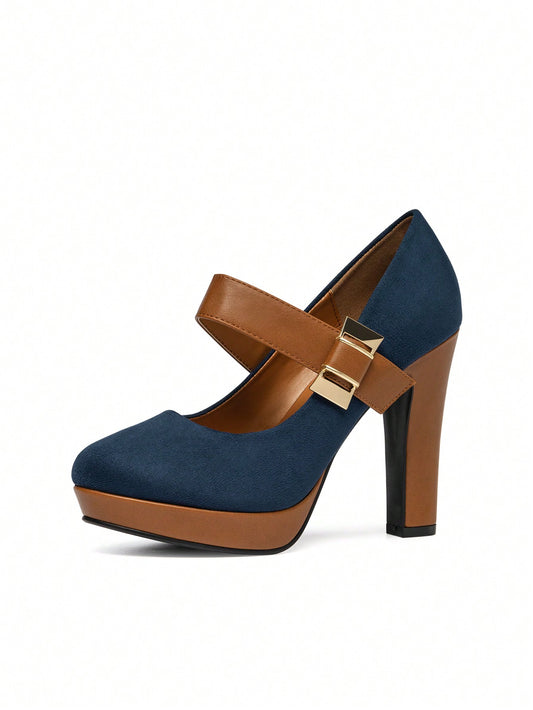 Simple Banquet Mary Jane Style High-Heeled Shoes In Blue, With Faux Suede, Waterproof, Anti-Slip,  Closure And Color-Block Design On Chunky Heels.