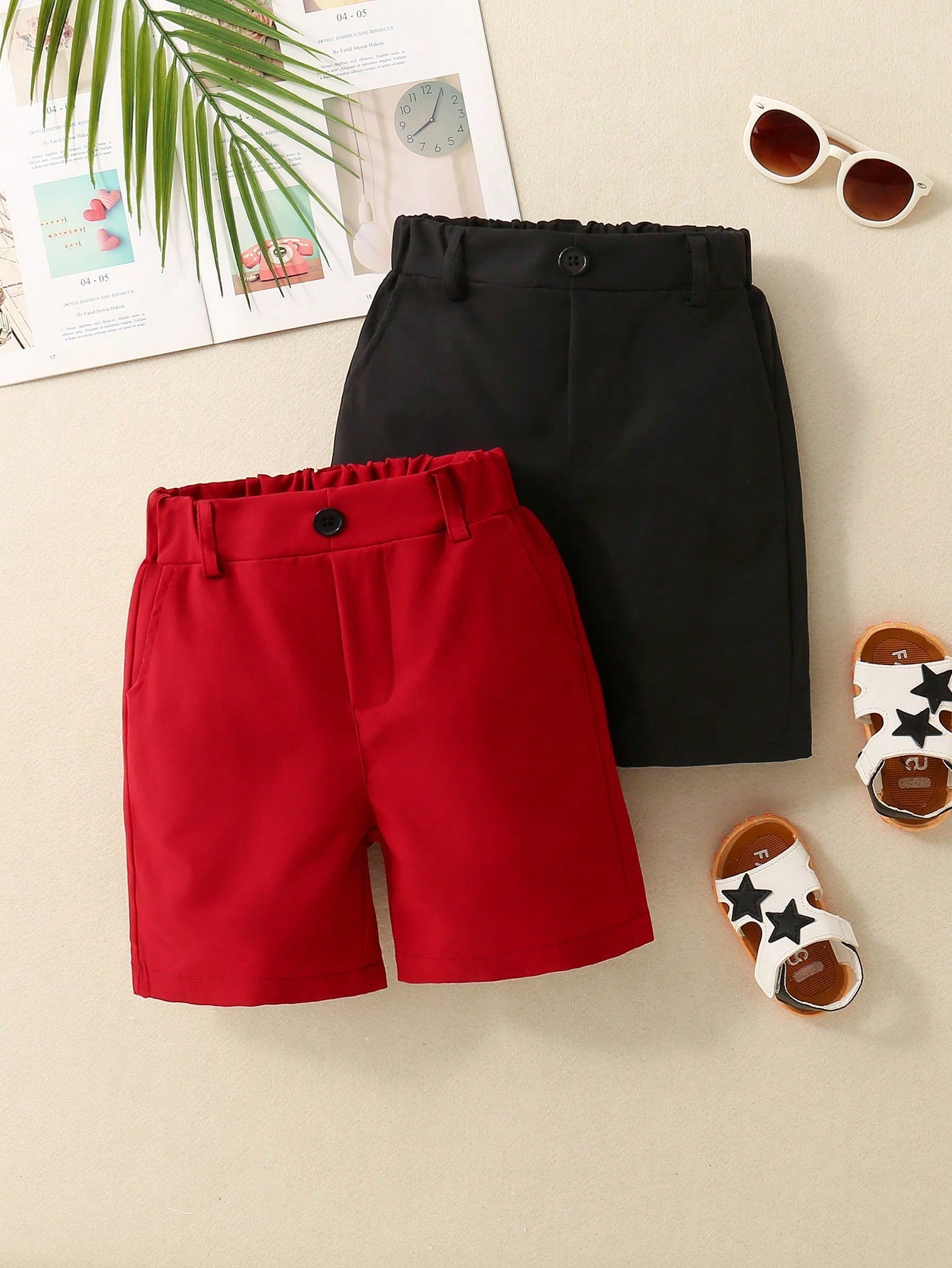 Young Boy 2pcs/Set Casual Solid Color Shorts With Pockets For Daily Wear, Parties And Vacations In Summer