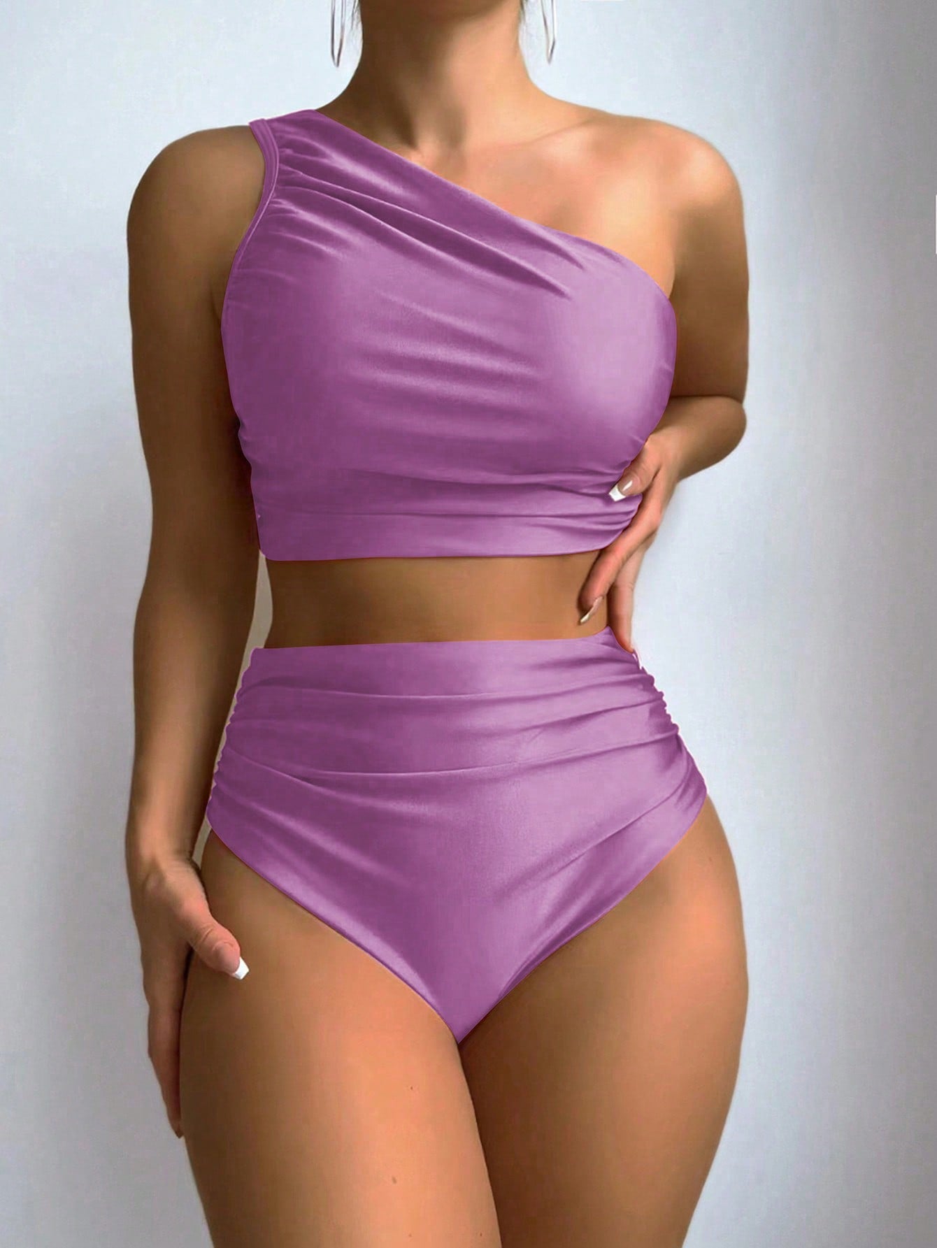 Swim Summer Beach Ladies' Fashionable Solid Color Oblique Shoulder Bikini Set With Vest Top