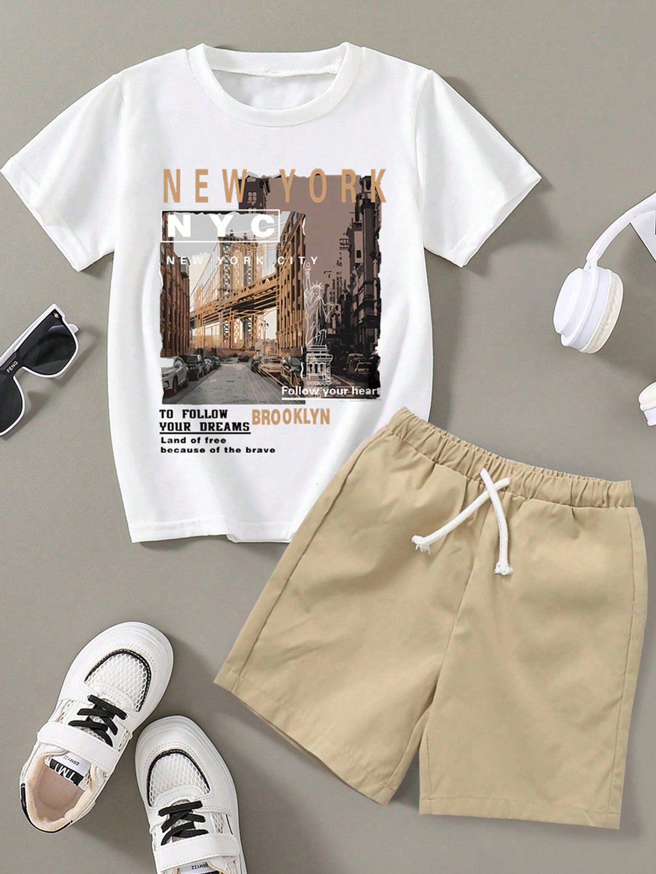 Tween Boys Landscape Pattern Printed Short Sleeve T-Shirt And Drawstring Shorts Two-Piece Set