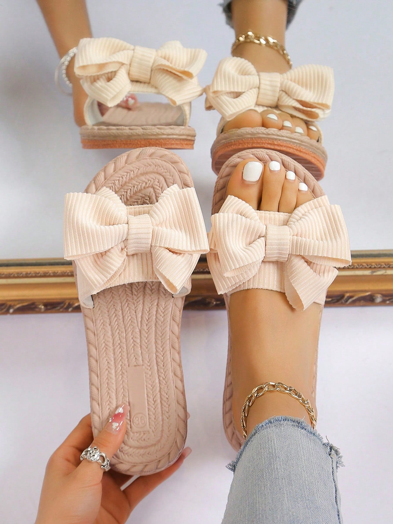 Cute Girl's Bow Striped Elements Pink Slippers, Popular Style For Casual Outing And Beach Time