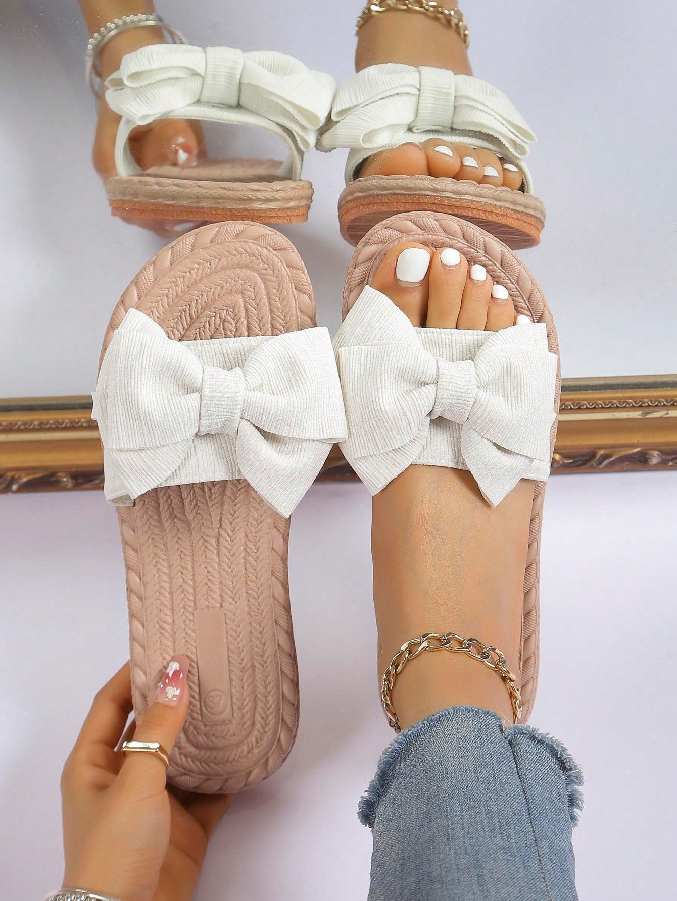 Cute Girl's Bow Striped Elements Pink Slippers, Popular Style For Casual Outing And Beach Time