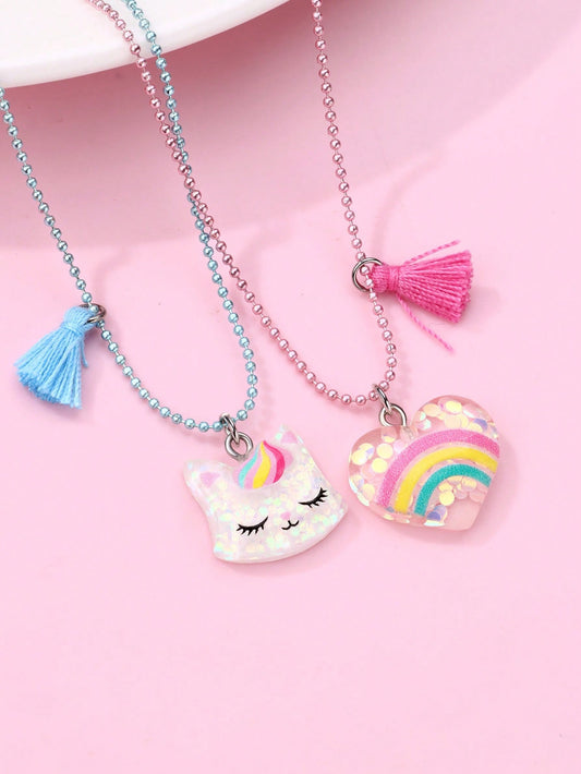 2pcs/Set Girls\" Cat & Heart Shaped Acrylic Beaded Necklace, Pink & Blue Tassel Bohemian Style Jewelry Set Suitable For Daily Wear