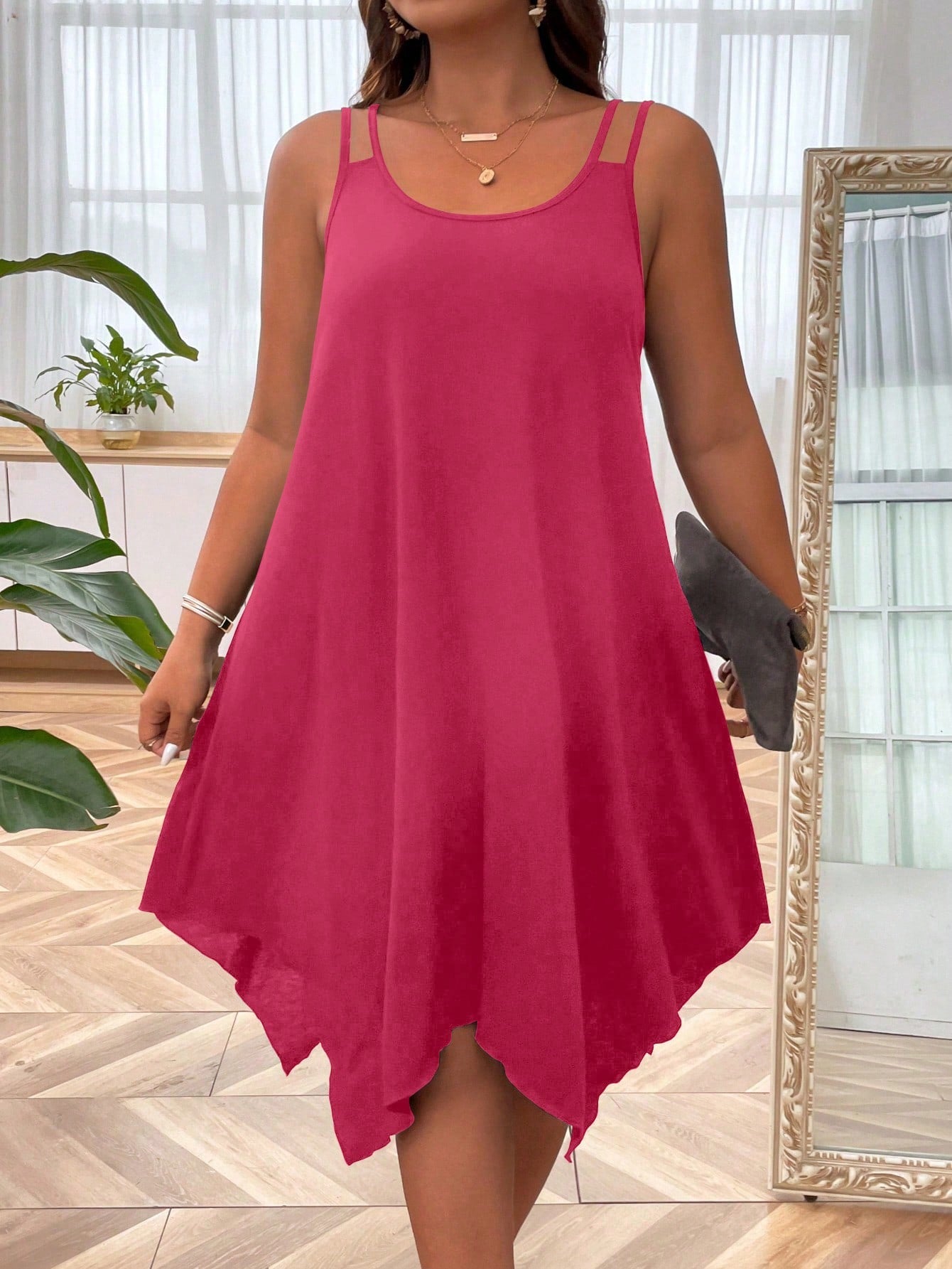 Plus Solid Asymmetrical Hem Cami Dress