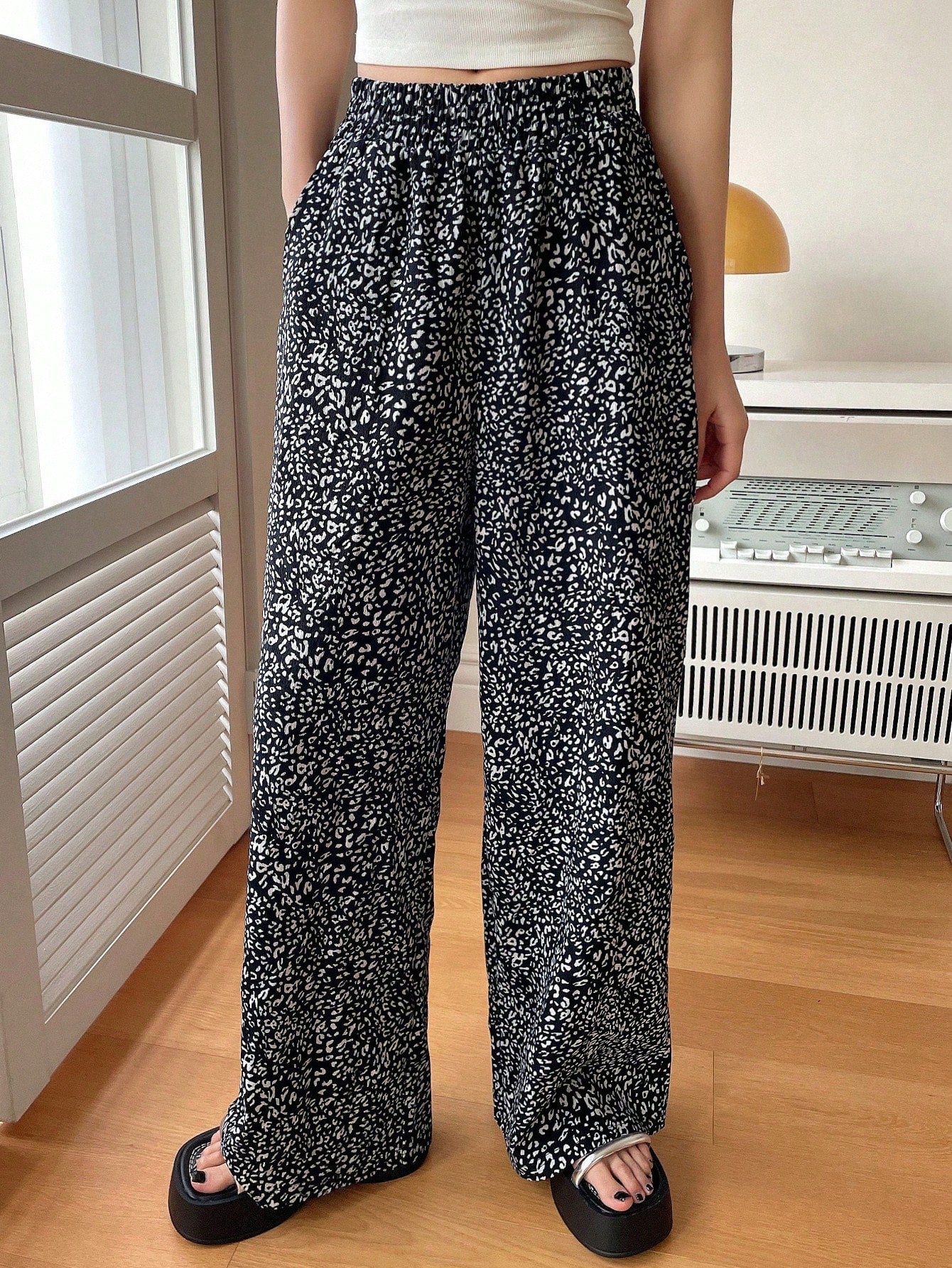 FRIFUL Women Loose Fit Elastic Waist Polka Dot Printed Straight Leg Casual Long Pants