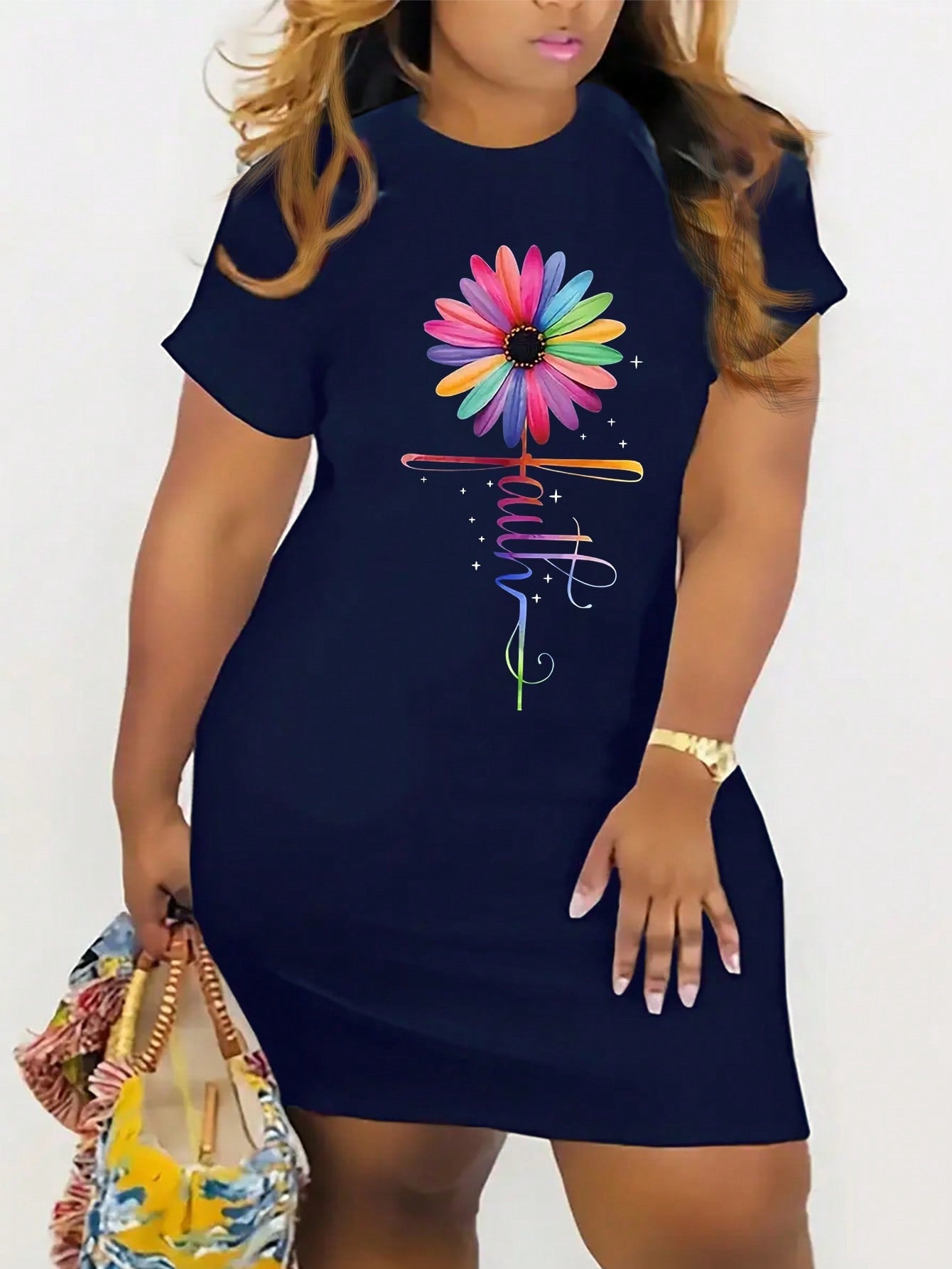 Plus Size Summer Fashionable Colorful Sunflower & Letter Printed Dress