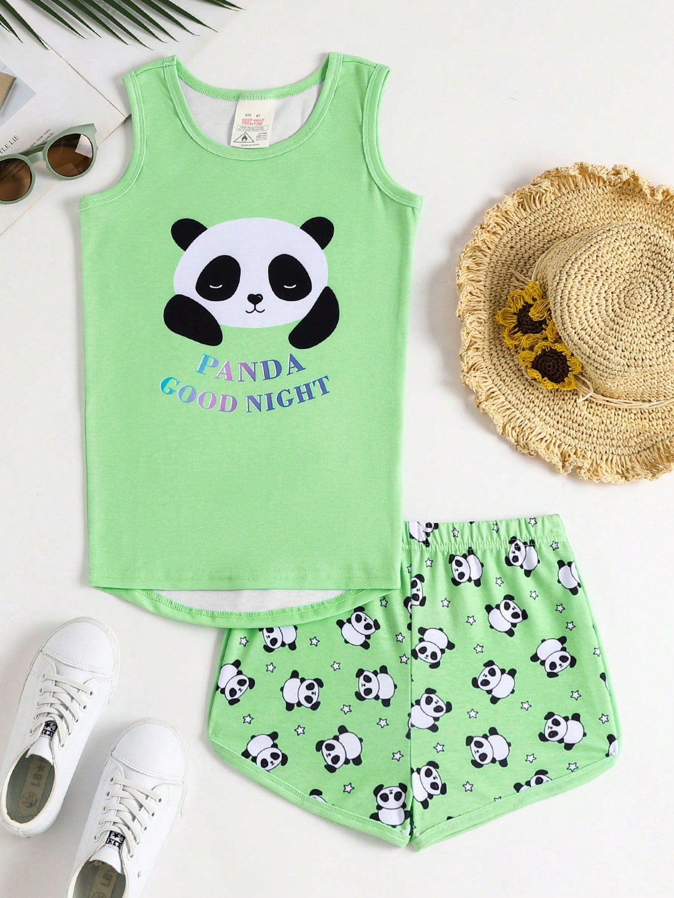 Tween Girl 2pcs Snug Fit Cute Panda Print Top & Shorts Casual Comfy Homewear Set